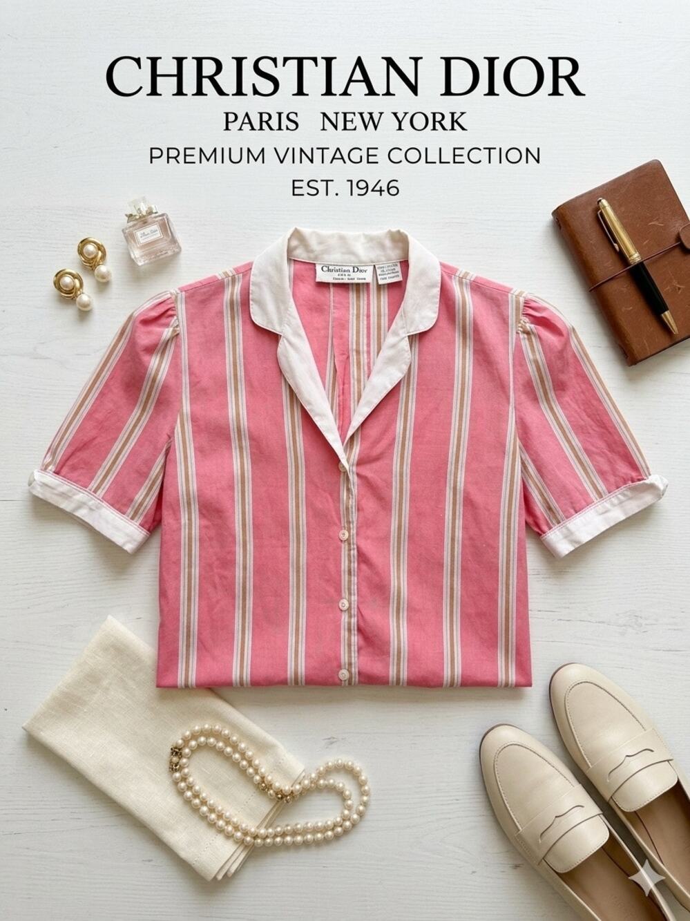 Vintage Christian Dior Striped Short Sleeve Blouse